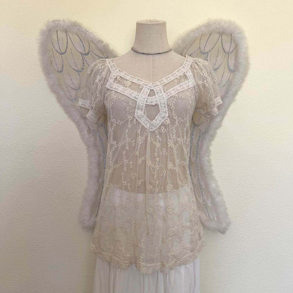 Cream Floral Lace Mesh Top Sheer Layering Fairycore‎ Y2K Smocked Puff Sleeve